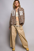 Pol Clothing - Plaid Woven Thermal Patch Floral Patchwork Hoodie Top