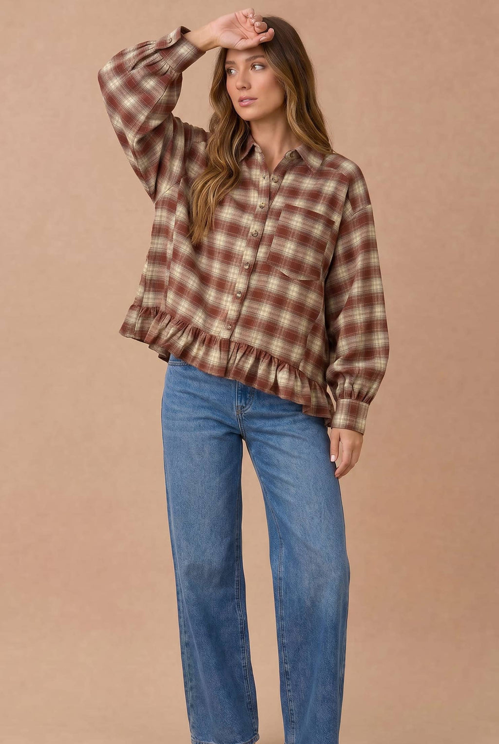 Haptics - Button Down Check Plaid Babydoll Peplum Shirt