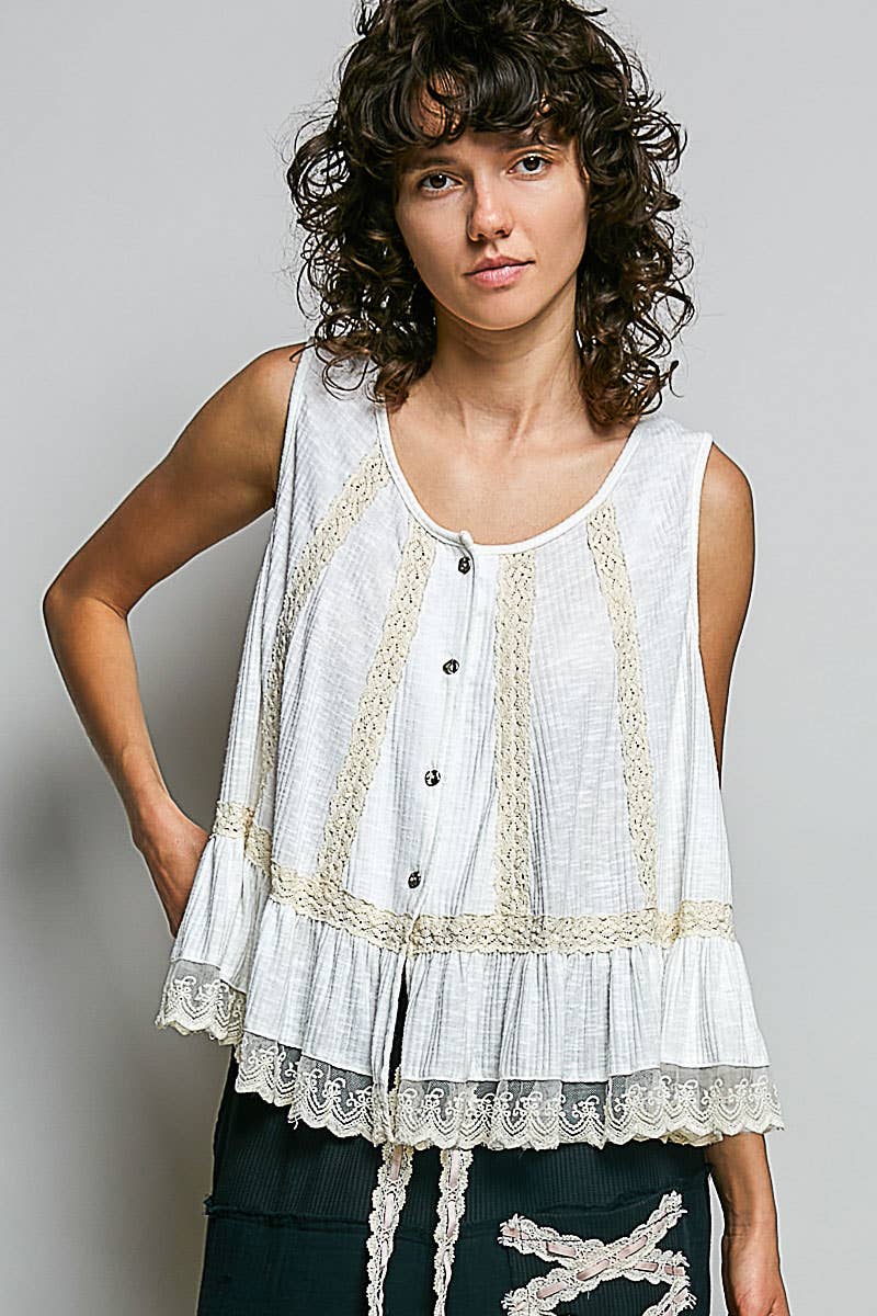 Pol Clothing - Metal Button Down Lace Trim Ruffle Round Neck Sleeveless