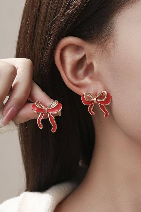 GOLD SILVER COLORFUL ENAMEL BOW EARRINGS |
