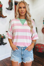 Summer Stripe Exposed Seam Ribbed Patchwork Oversized Tee