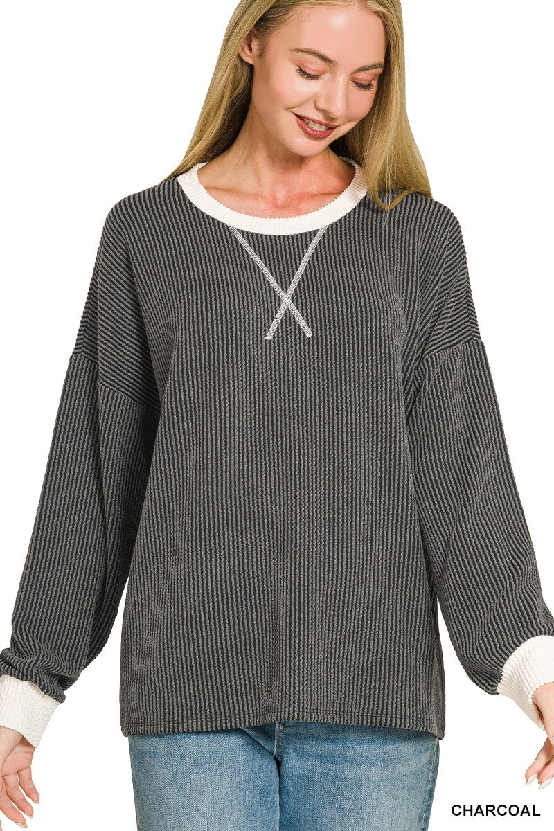 Raised Rib Round Neck Pullover