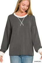 Raised Rib Round Neck Pullover