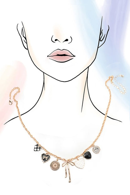 CHARM NECKLACE-BOW CHECKER HEART RHINESTONE