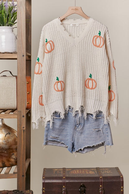 Pumpkin Chenille V Neck Distressed Hem Sweater