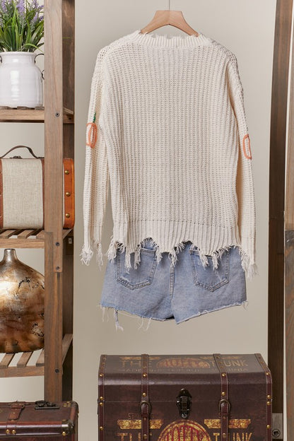 Pumpkin Chenille V Neck Distressed Hem Sweater