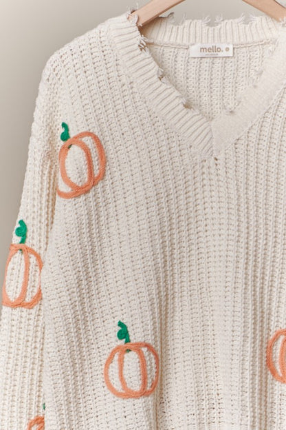Pumpkin Chenille V Neck Distressed Hem Sweater