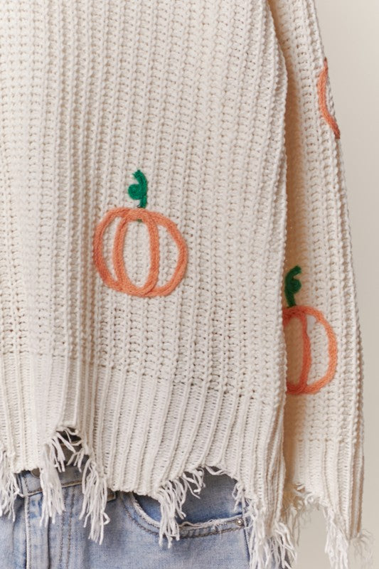 Pumpkin Chenille V Neck Distressed Hem Sweater