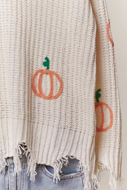 Pumpkin Chenille V Neck Distressed Hem Sweater