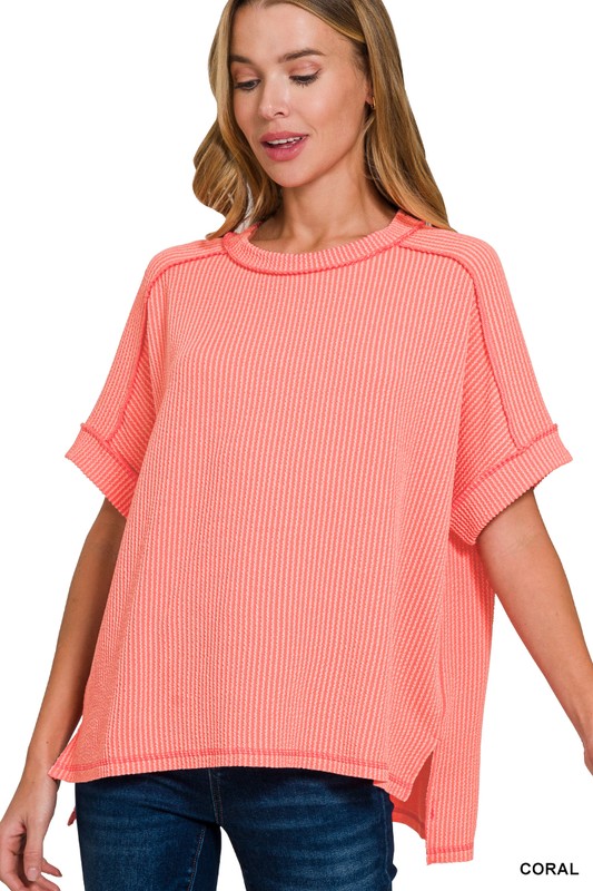 Comfy CORDED RIB SHORT CUFF SLEEVE RAW EDGE TOP – Andrea's Schnuck Store