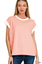 Stripe Contrast Trim Rib Banded Top