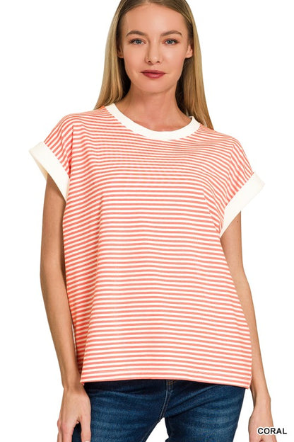 Stripe Contrast Trim Rib Banded Top