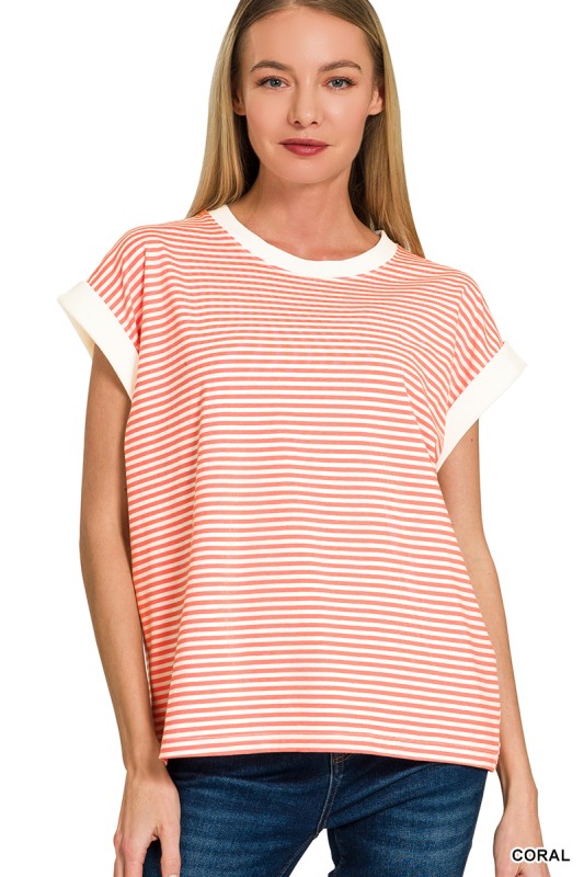 Stripe Contrast Trim Rib Banded Top