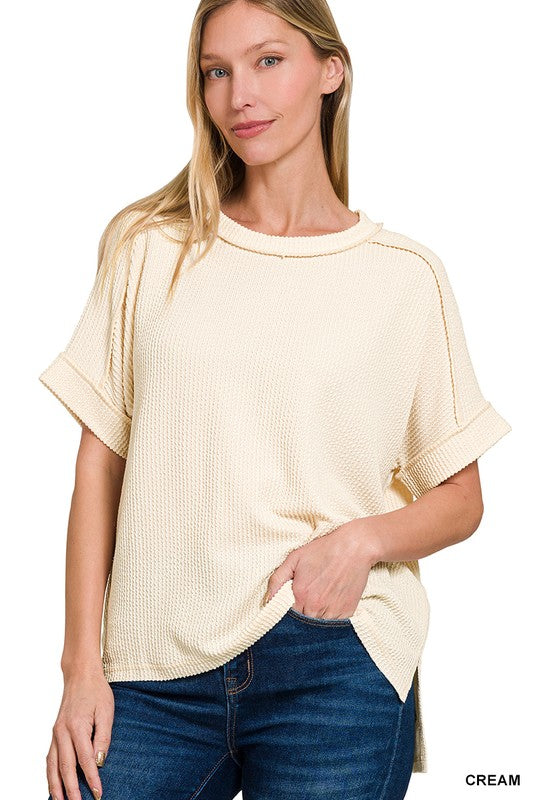 Comfy CORDED RIB SHORT CUFF SLEEVE RAW EDGE TOP