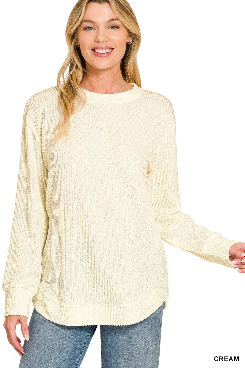 Raised Rib Round Neck Long Sleeve Top