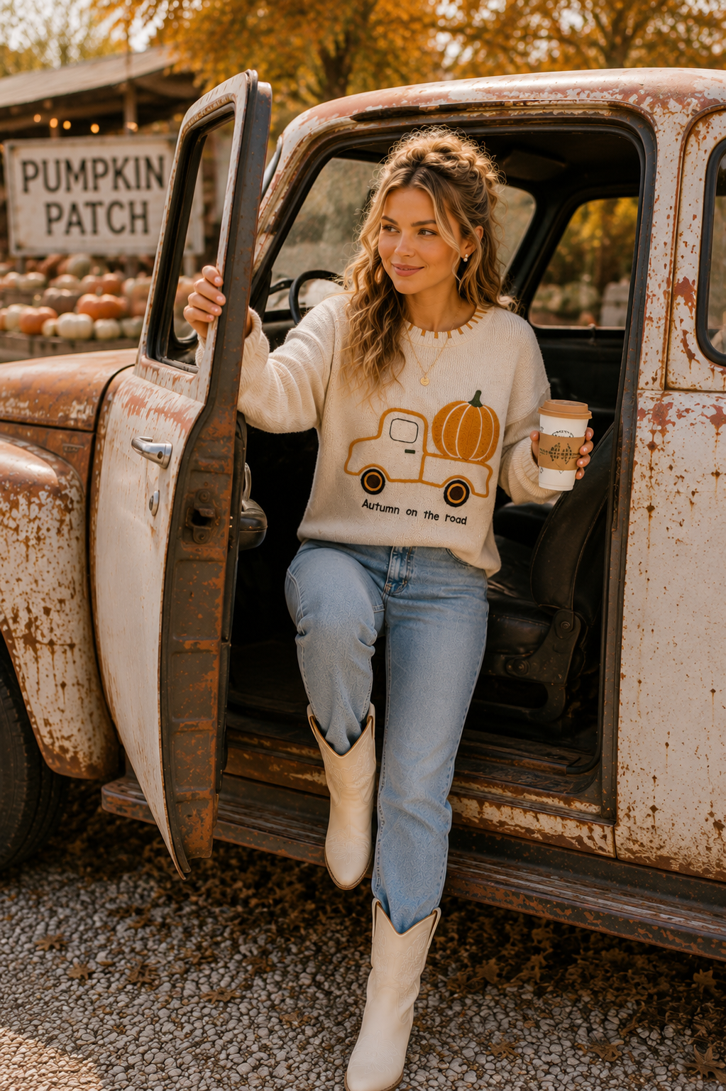 Main Strip - Autumn on the Road Pumpkin Truck Graphic Sweater