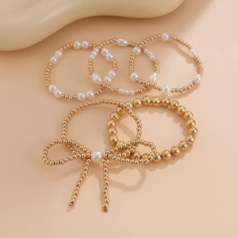 MULTI LAYER BALL CHAIN BEAD PEARL BOW BRACELET |