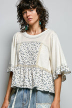 Pol Clothing - Round Neck Floral Patchwork Ruffle Hem 3/4 Sleeve Top
