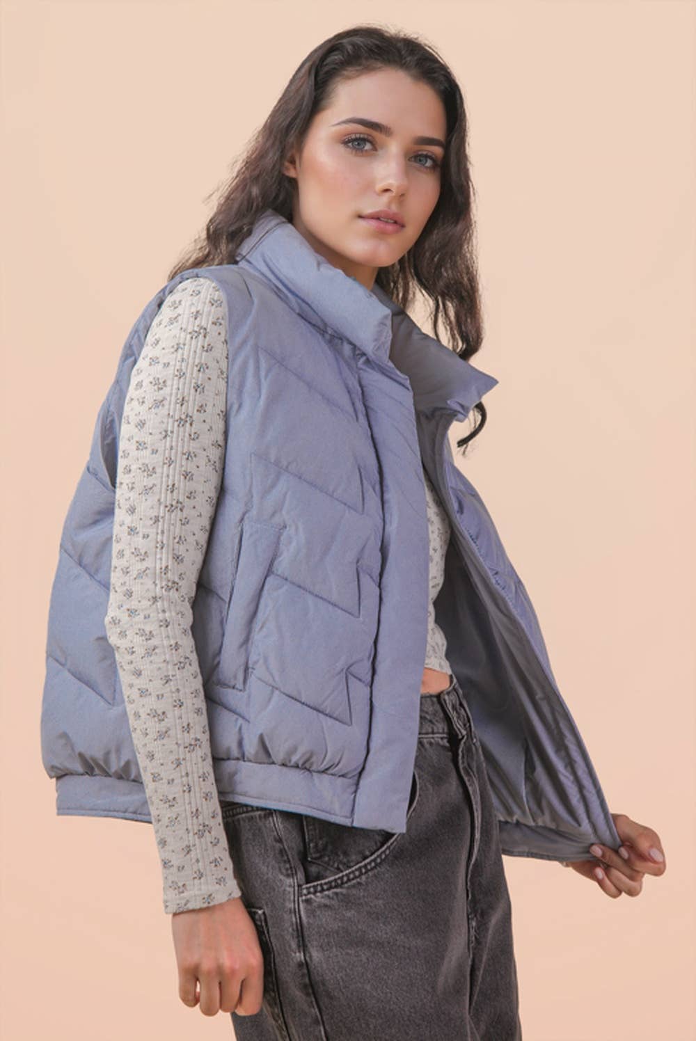 Bermie Mock Neck Casual Zigzag Quilted Puffer Vest
