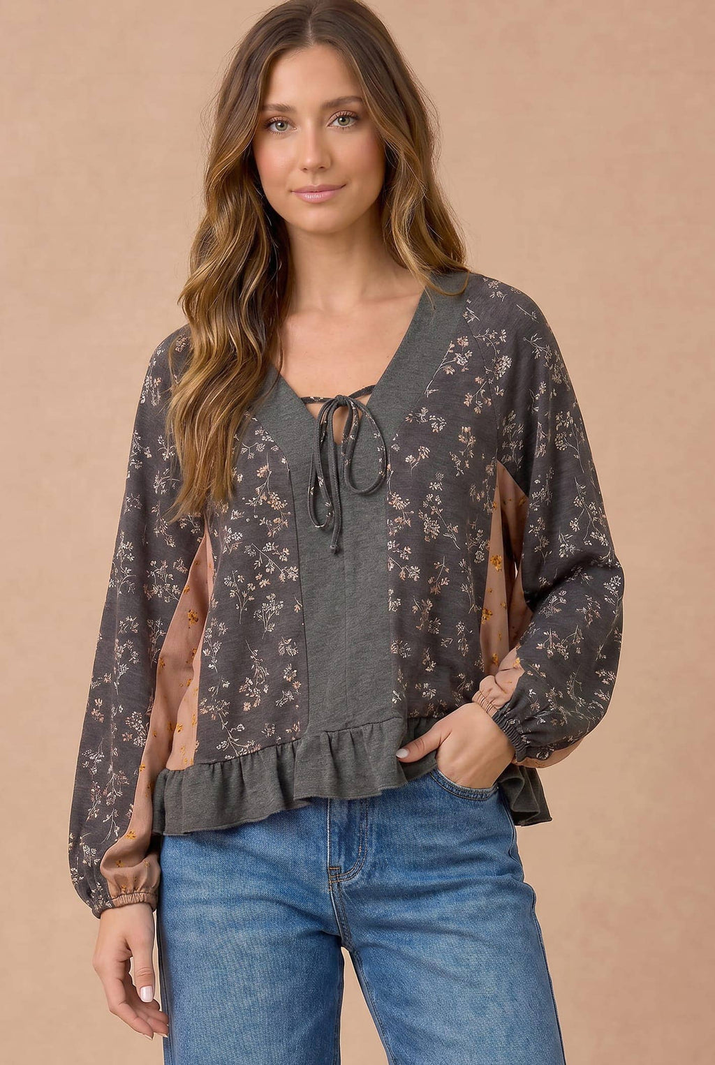 Haptics - Floral Color Block Peplum Raglan Top
