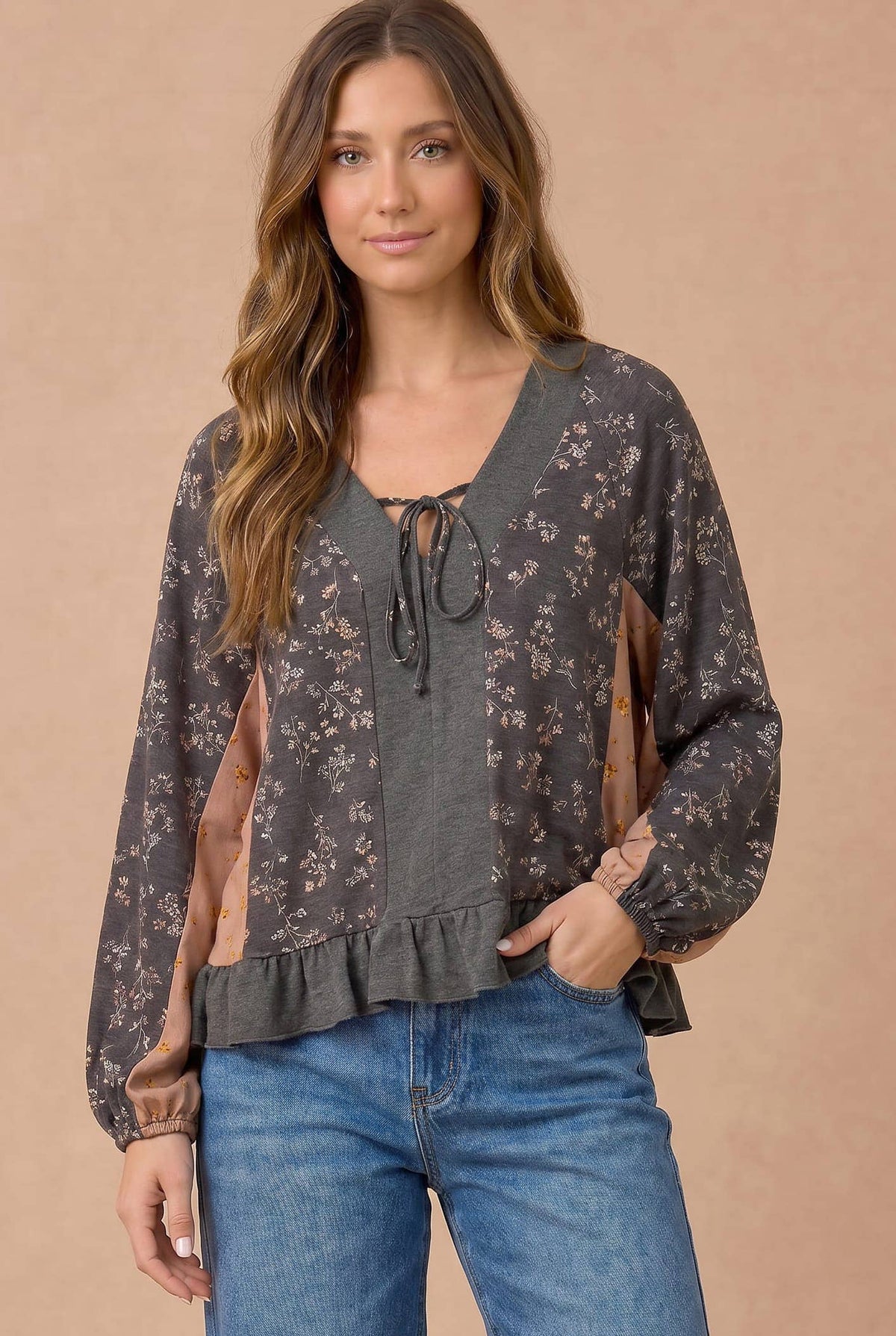 Haptics - Floral Color Block Peplum Raglan Top