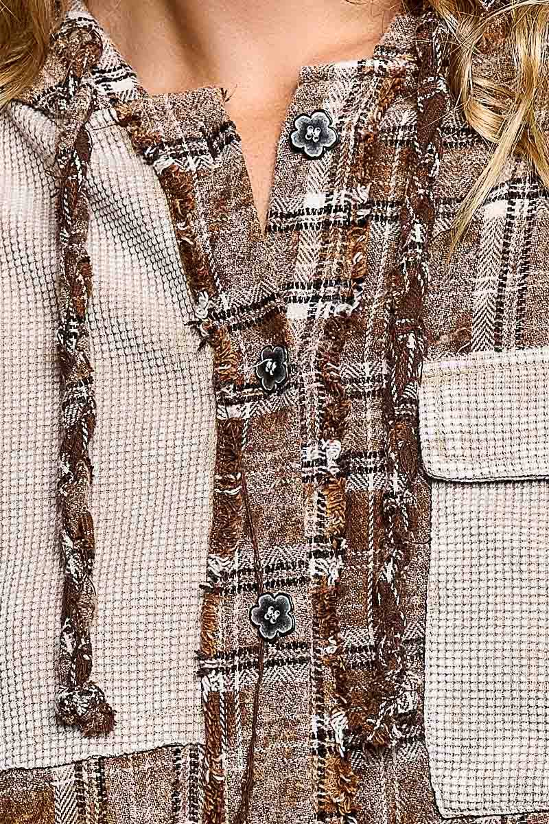 Pol Clothing - Plaid Woven Thermal Patch Floral Patchwork Hoodie Top