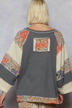 Pol Clothing - Round neck printed peace patch overlock stitch knit top
