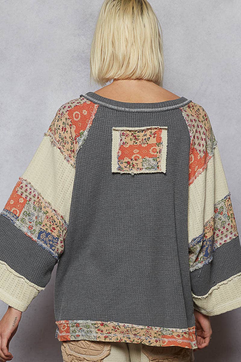 Pol Clothing - Round neck printed peace patch overlock stitch knit top