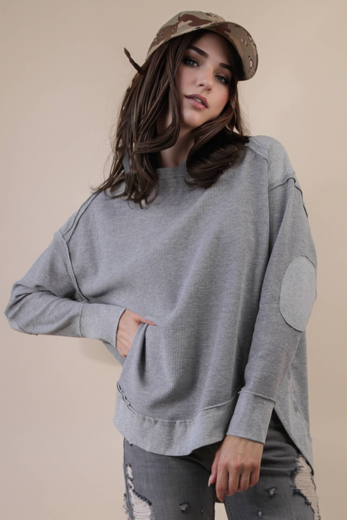 Mineral Washed Elbow Patch Contrast Knit Top