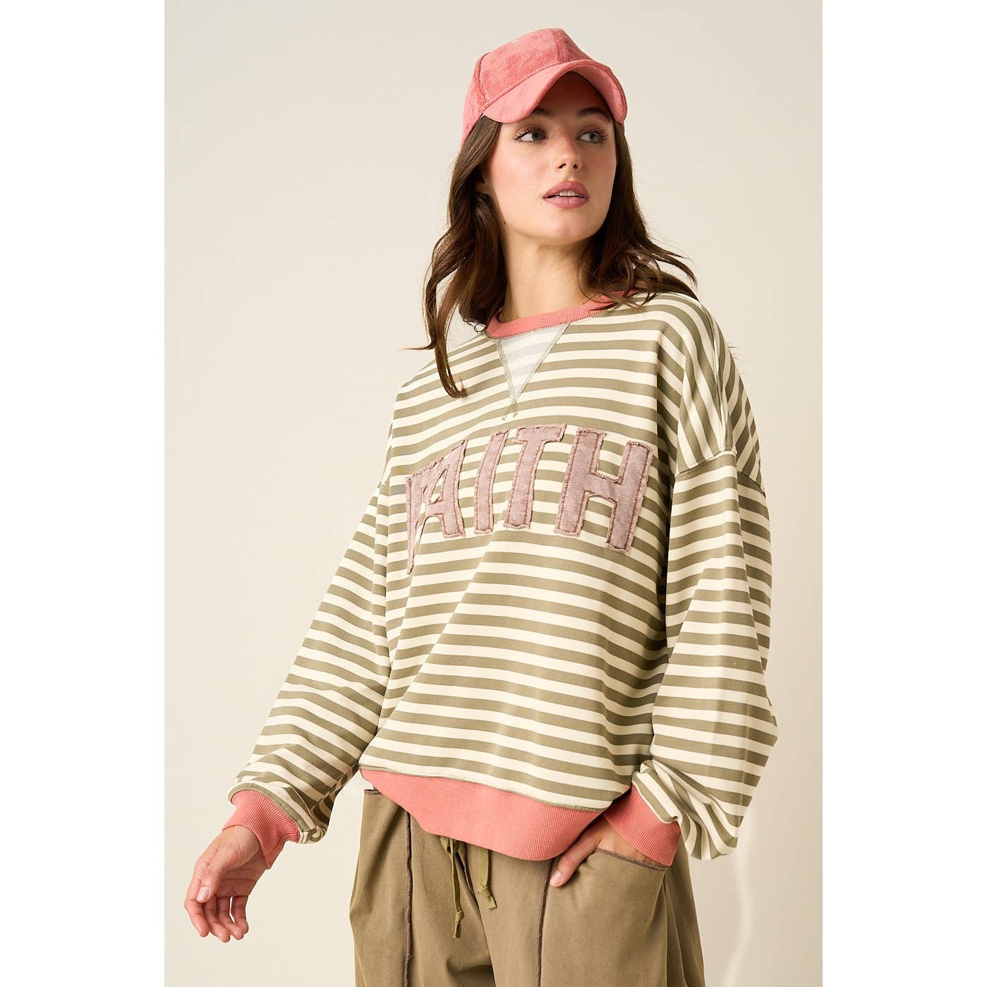 FAITH PATCHWORK STRIPED LONG SLEEVE SWEATSHIRT