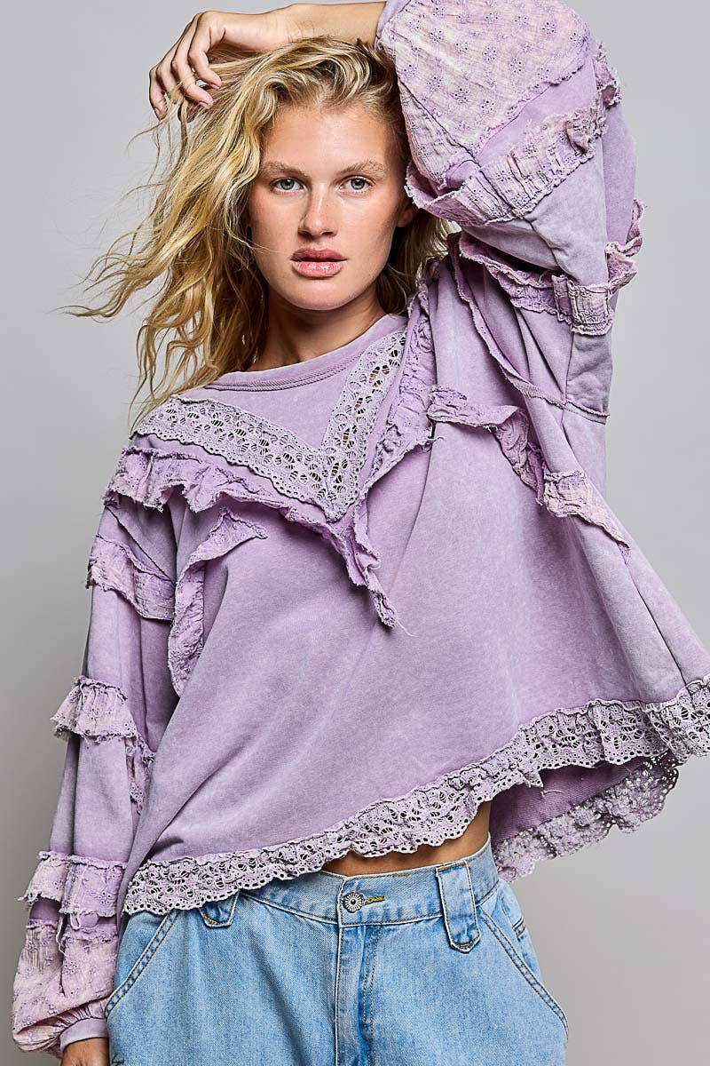Pol Clothing - French Terry Eyelet Ruffle Vintage Washing Solid Knit Top