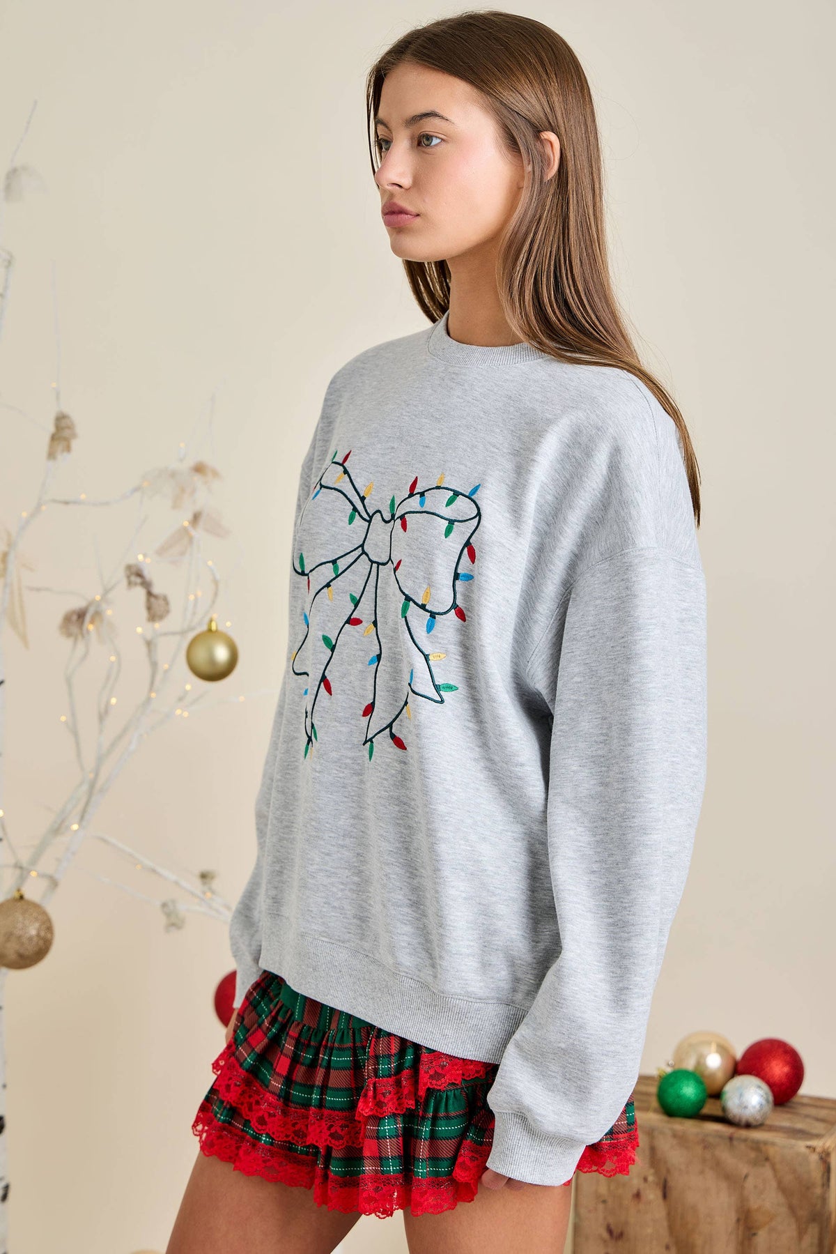 Grey Holiday Sweatshirt with Bow Christmas Lights embroidery
