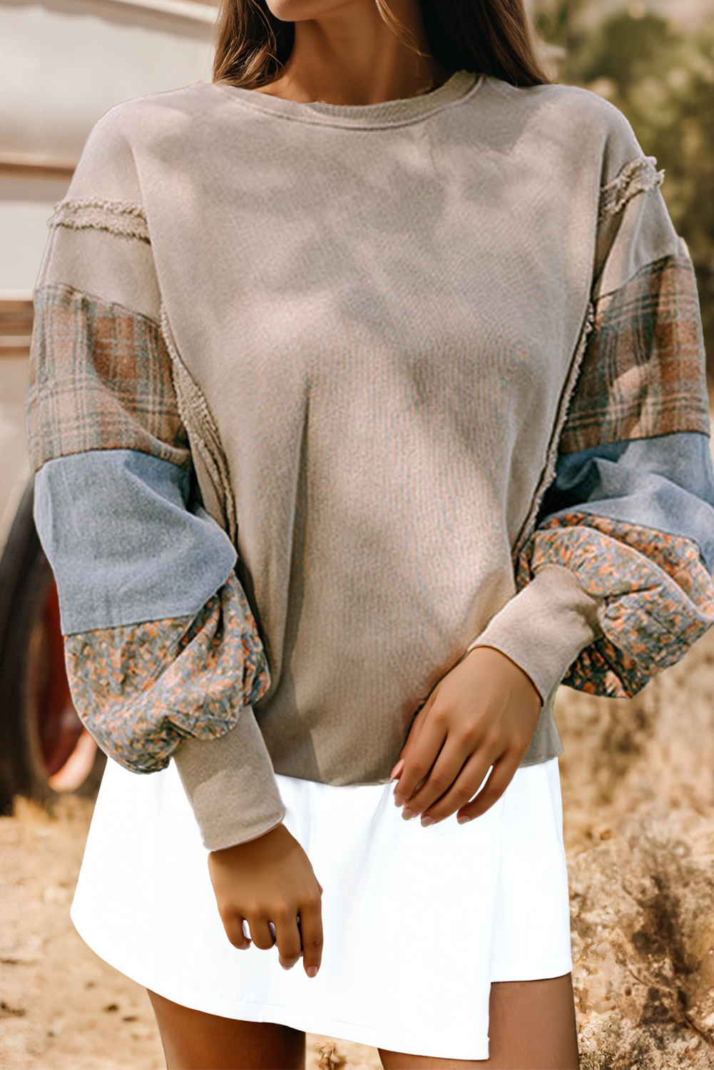 Fashion Plaid Colorblock Patched Sleeve Raw Seam Sweatshirt