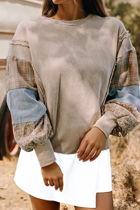 Fashion Plaid Colorblock Patched Sleeve Raw Seam Sweatshirt