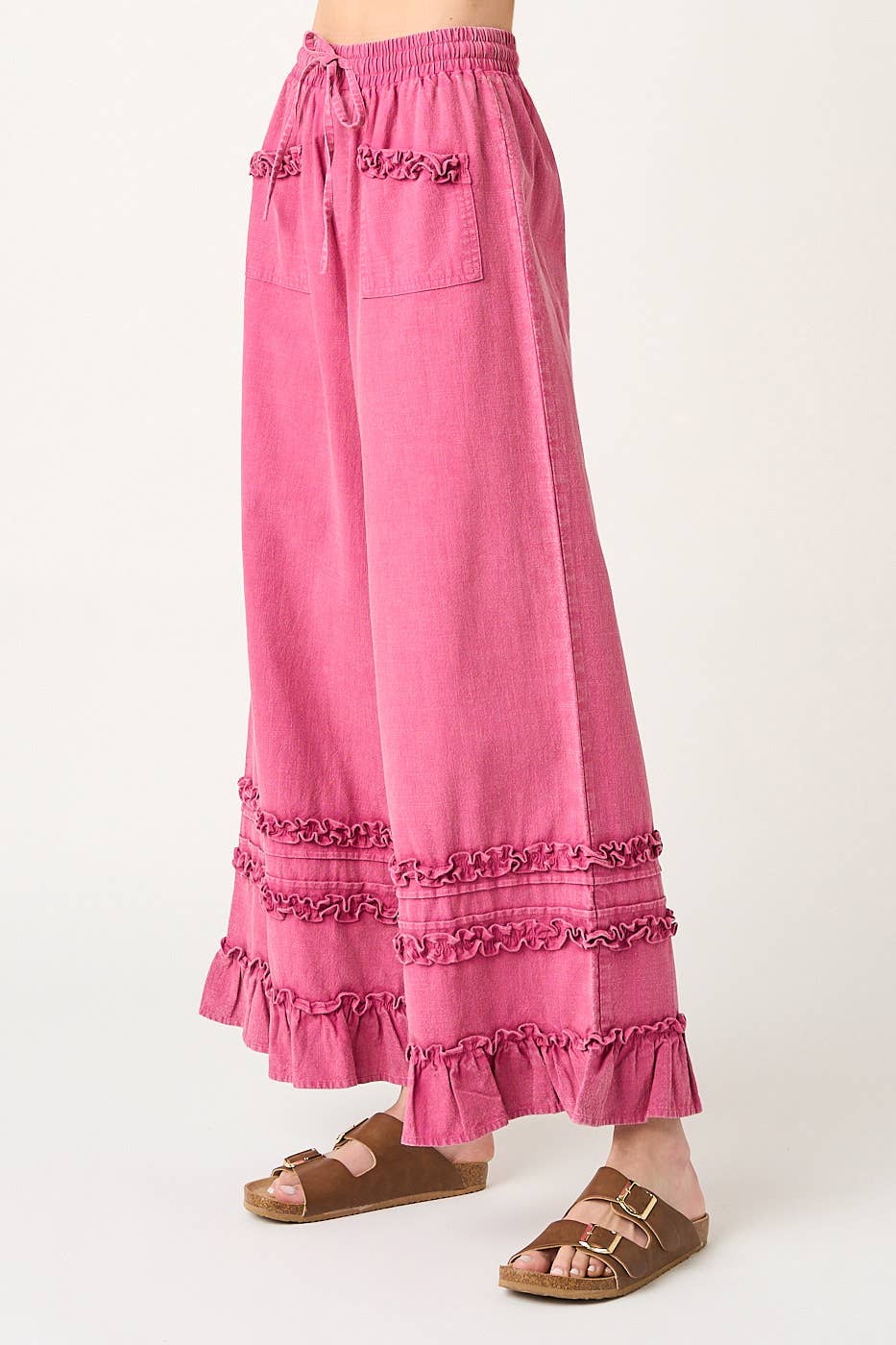 RUFFLE TRIM POCKET MINERAL WASH WIDE LEG PANTS