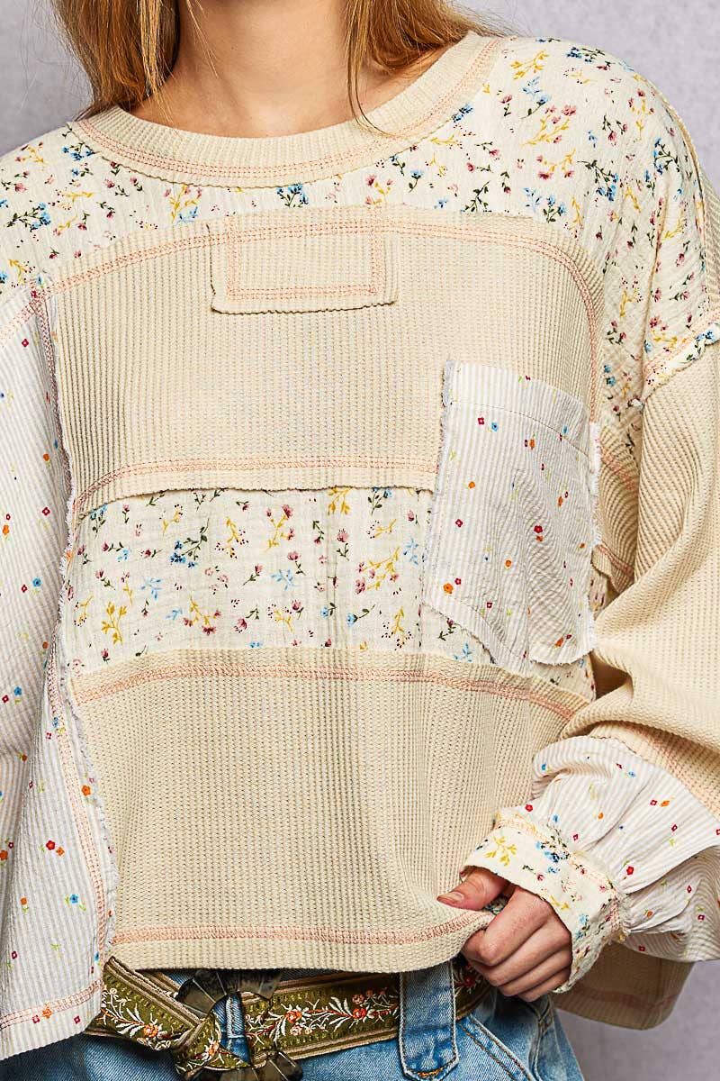 Marbella Long Sleeve Round Neck Floral Stripe Stitch Knit Top Pol Clothing