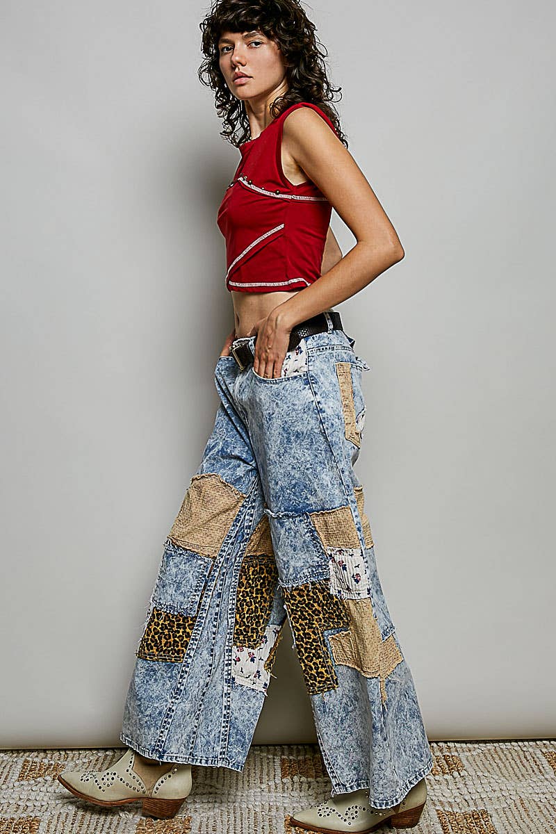Pol Clothing - Handcrafted Vintage DIY Patchwork-Style Waistband Wide Pant
