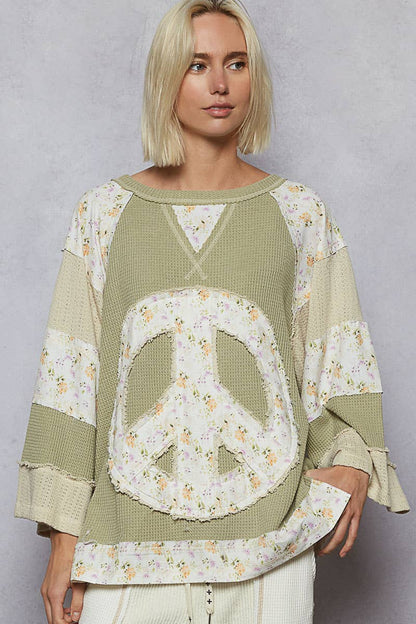 Pol Clothing - Round neck printed peace patch overlock stitch knit top
