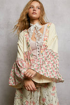Pol Clothing - Double Gauze Floral Roomy Fit Open Cardigan with V-Back