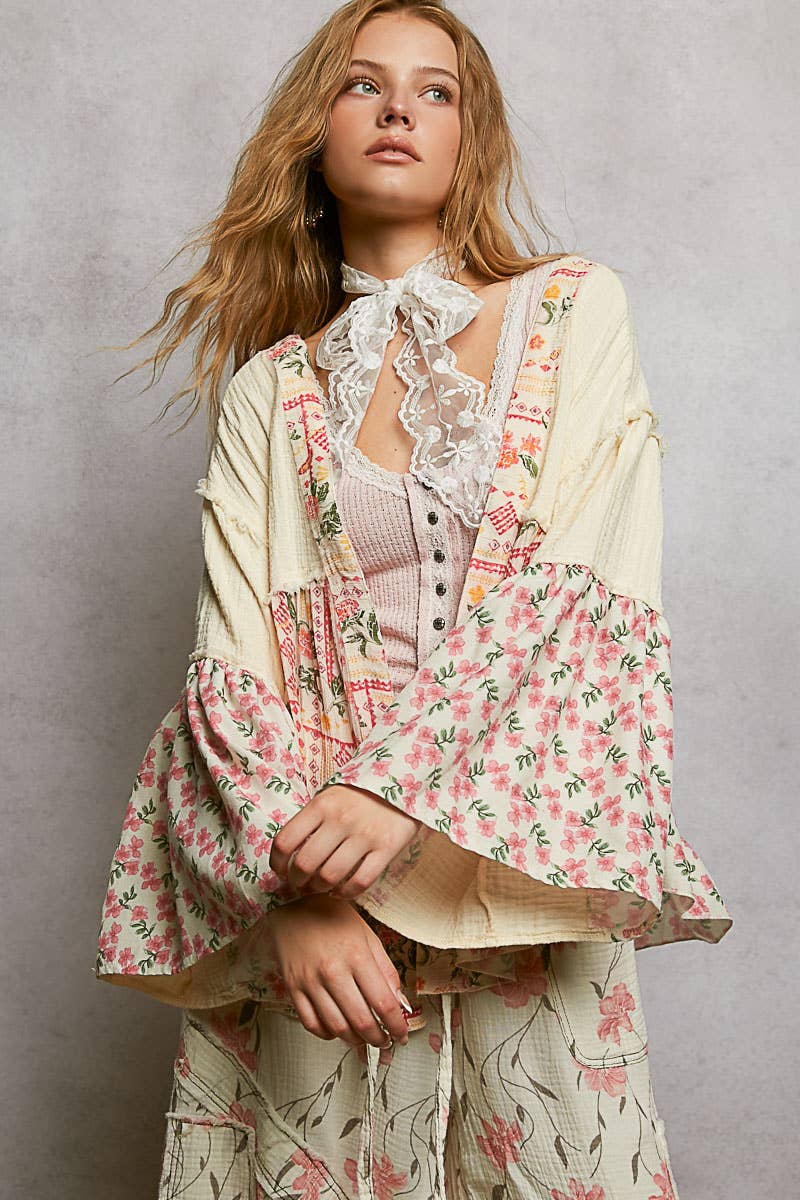 Pol Clothing - Double Gauze Floral Roomy Fit Open Cardigan with V-Back
