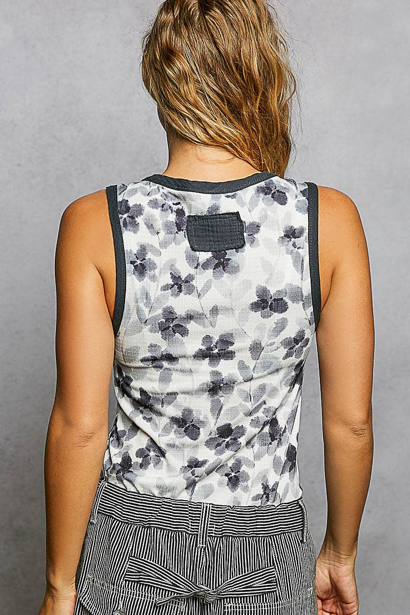 Pol Clothing - Round Neck Sleeveless Ribbed Floral Printed Knit Top