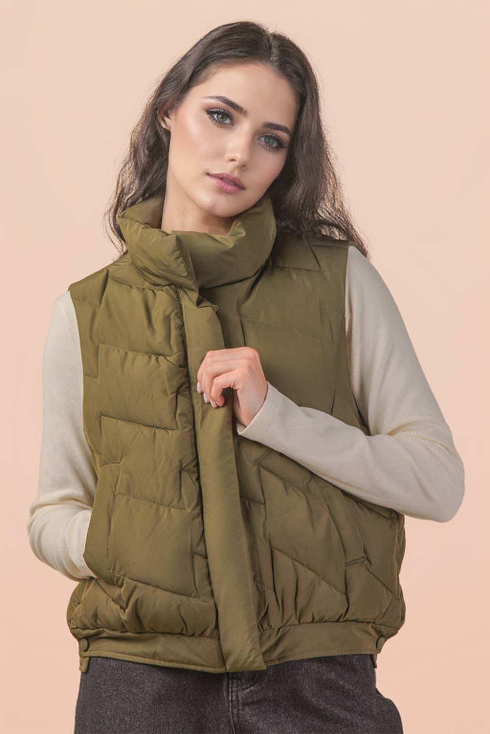 Bermie Mock Neck Casual Zigzag Quilted Puffer Vest