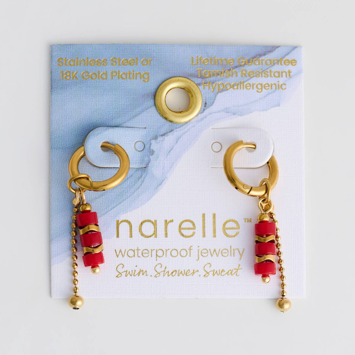 Howard's - Waterproof Earrings Hoop Red Agate Narelle Gold Beaded