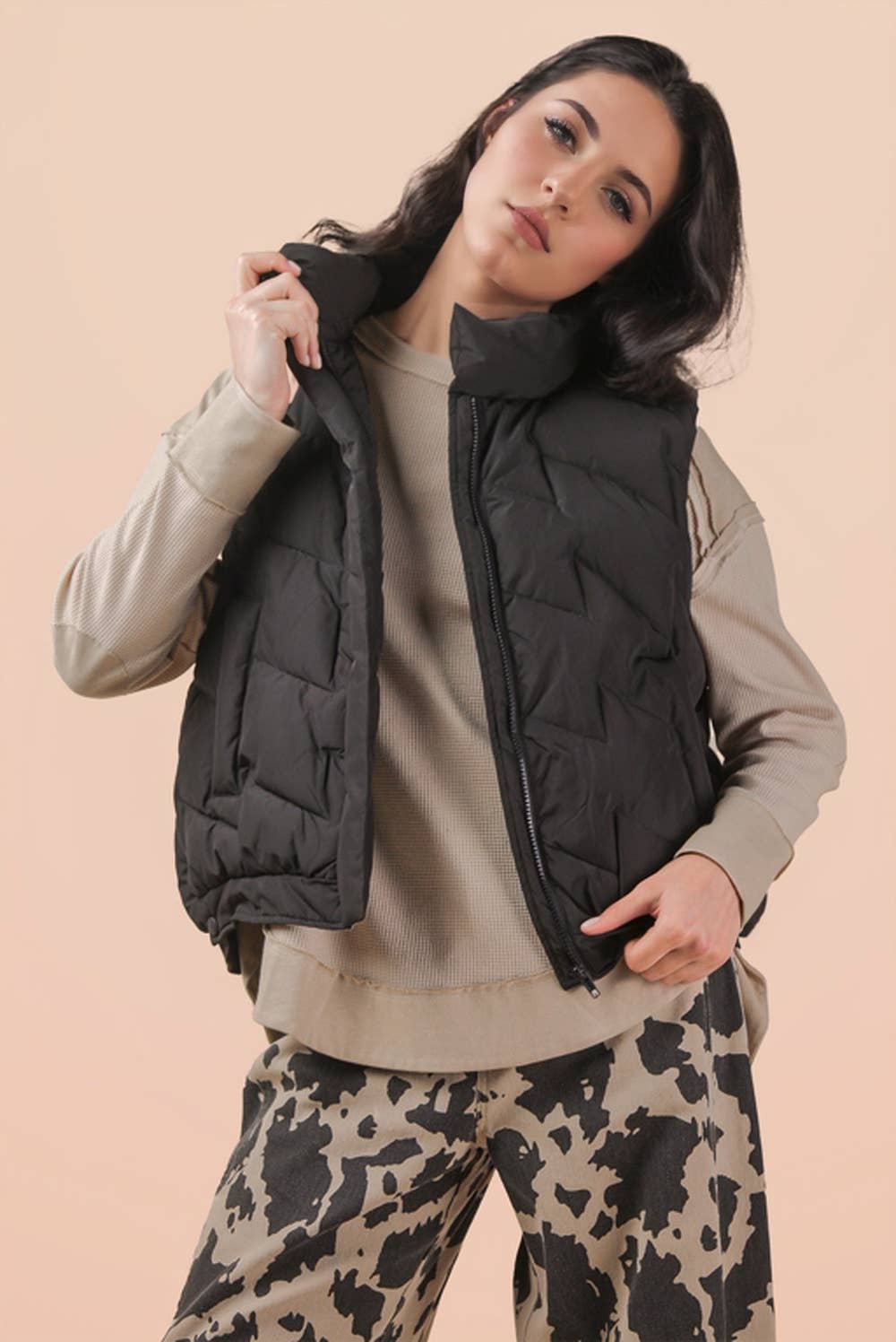 Bermie Mock Neck Casual Zigzag Quilted Puffer Vest
