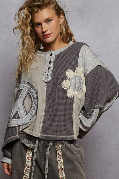 Pol Clothing - Round neck peace patch floral oversized fit knit top