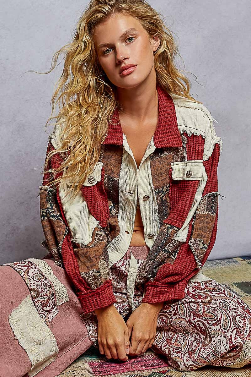 Pol Clothing - Balloon Sleeve Contrast Paisley Pattern Cropped Knit Jacket