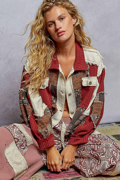 Pol Clothing - Balloon Sleeve Contrast Paisley Pattern Cropped Knit Jacket