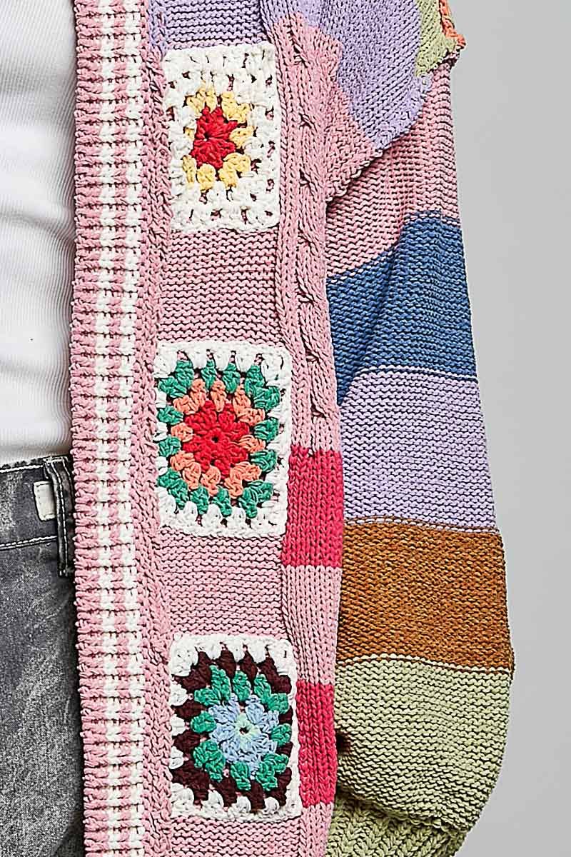 Pol Clothing - Handmade Patchwork Striped Chenille Sweater Open Cardigan