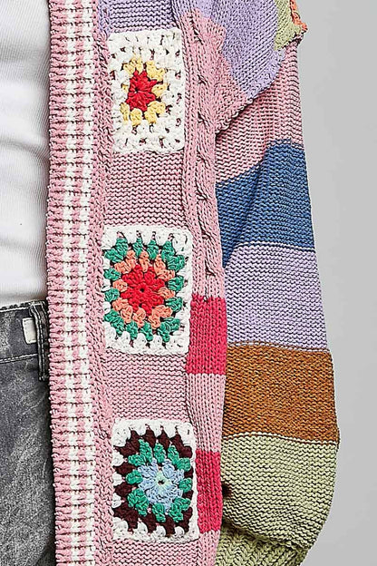 Pol Clothing - Handmade Patchwork Striped Chenille Sweater Open Cardigan