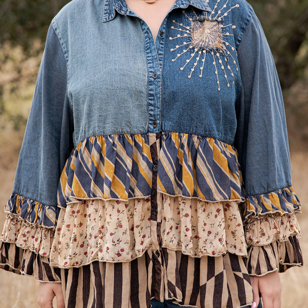 Young Threads - Vintage Boho Denim Yoke Patchwork Tiered Tunic Top  NEW